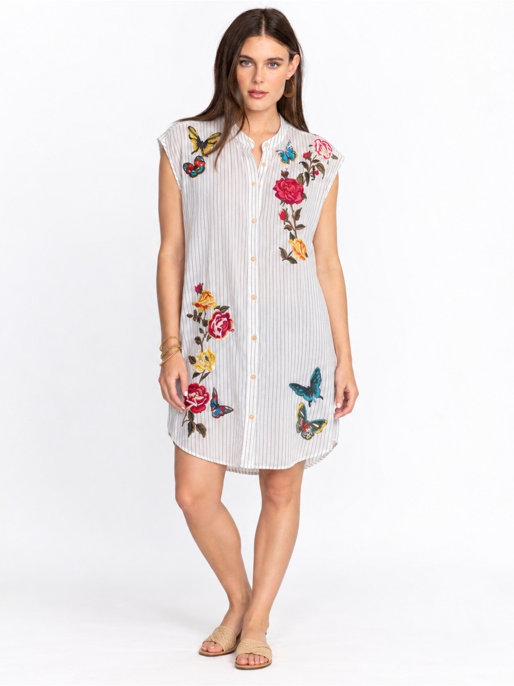 JOHNNY WAS 3J WORKSHOP Floral Embroidered White Stripe Shirt Dress Swim Cover Sm